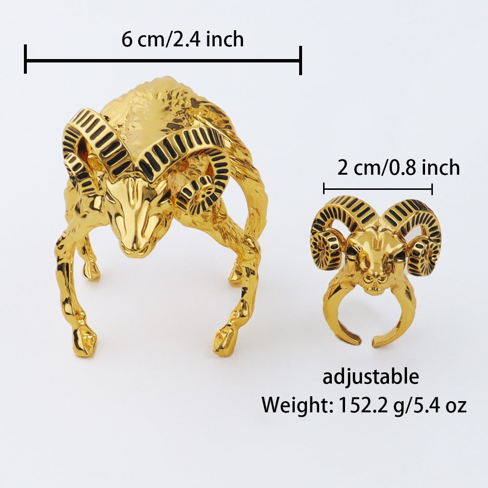 Retro Sheep Head Jewelry Set – 24K Gold Bangles & Gothic Fashion Ring for Women