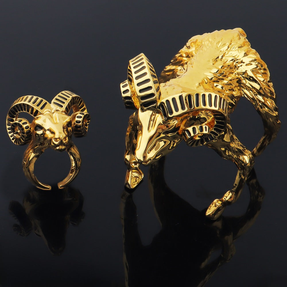 Retro Sheep Head Jewelry Set – 24K Gold Bangles & Gothic Fashion Ring for Women