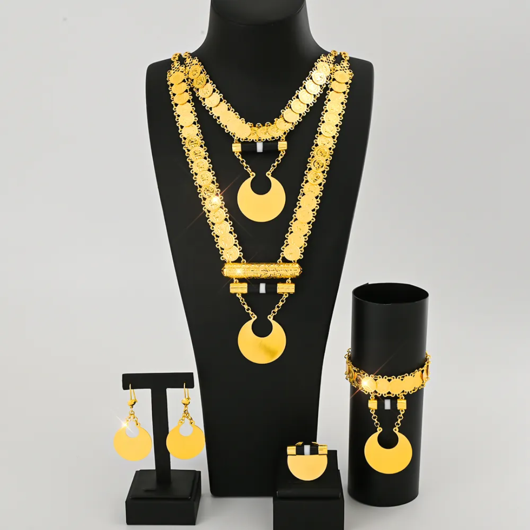قلادة قمرية دائرية متصلة بعملة معدنية من Someta Jewelry، مجموعة من خمس قطع من إكسسوارات الزفاف النسائية المطلية بالذهب عيار 18 قيراطًا