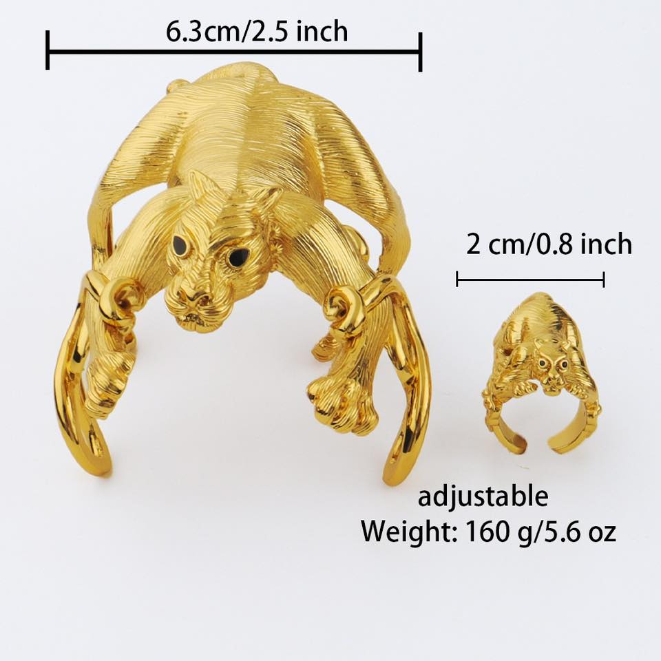 Leopard Bangle with Ring Jewelry Set for Women Dubai Gold Color Cuff Bangle Cocktail Ring