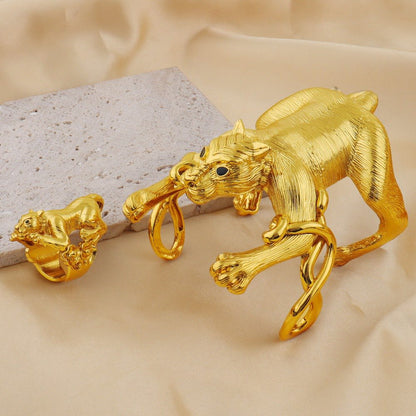 Leopard Bangle with Ring Jewelry Set for Women Dubai Gold Color Cuff Bangle Cocktail Ring