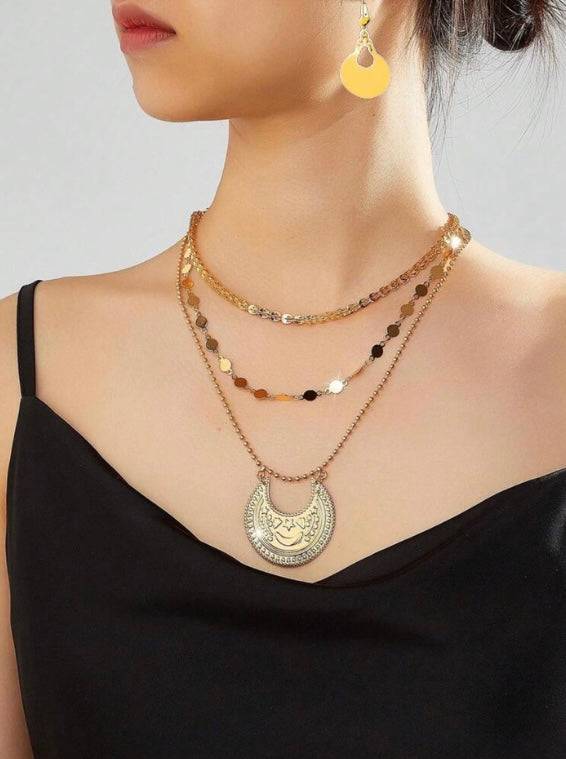 Multi layer with moon design necklace with mATCH EARRINGS
