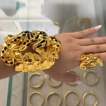 Vintage Black Leopard Jewelry Set | 24K Gold Plated Bangles & Ring for Women