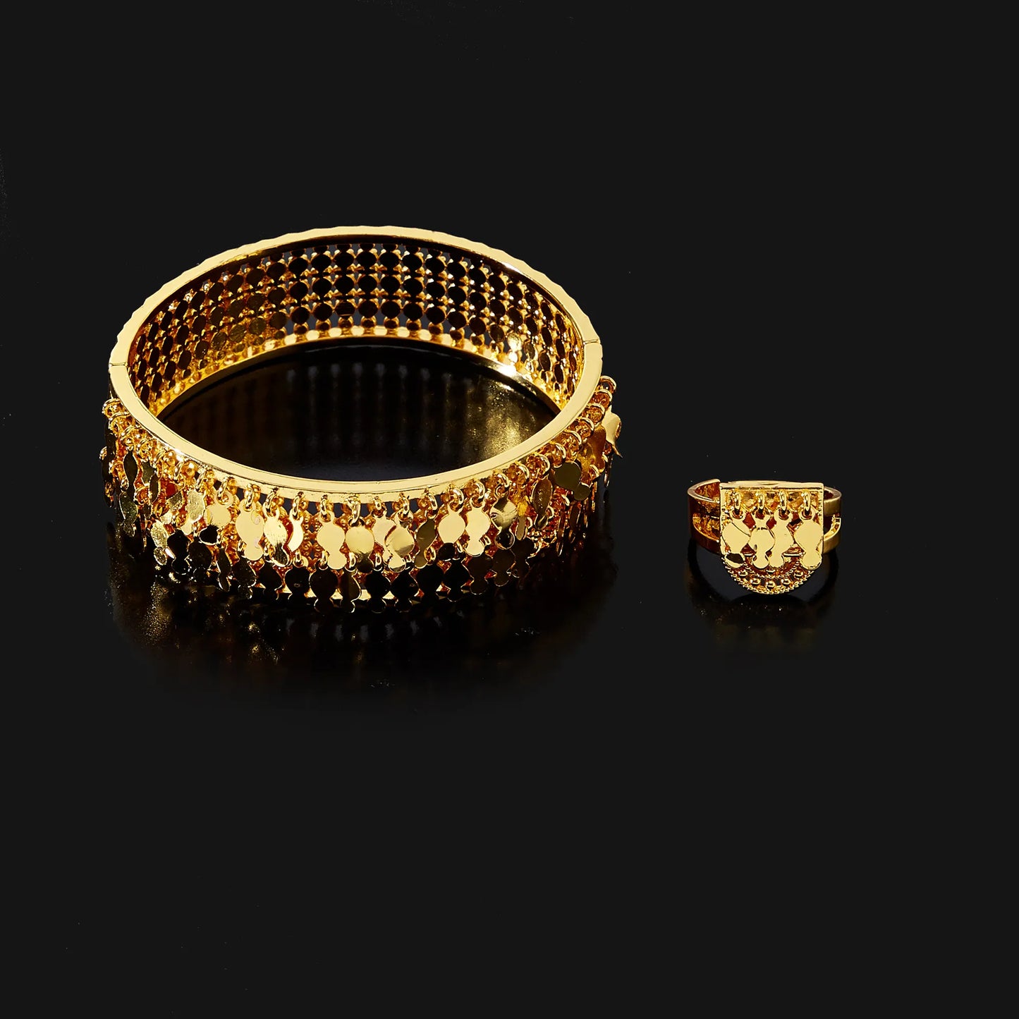 Dubai Style Bracelet and Rings Gold Plated Bead Women Bracelet Set With Coin Pendant
