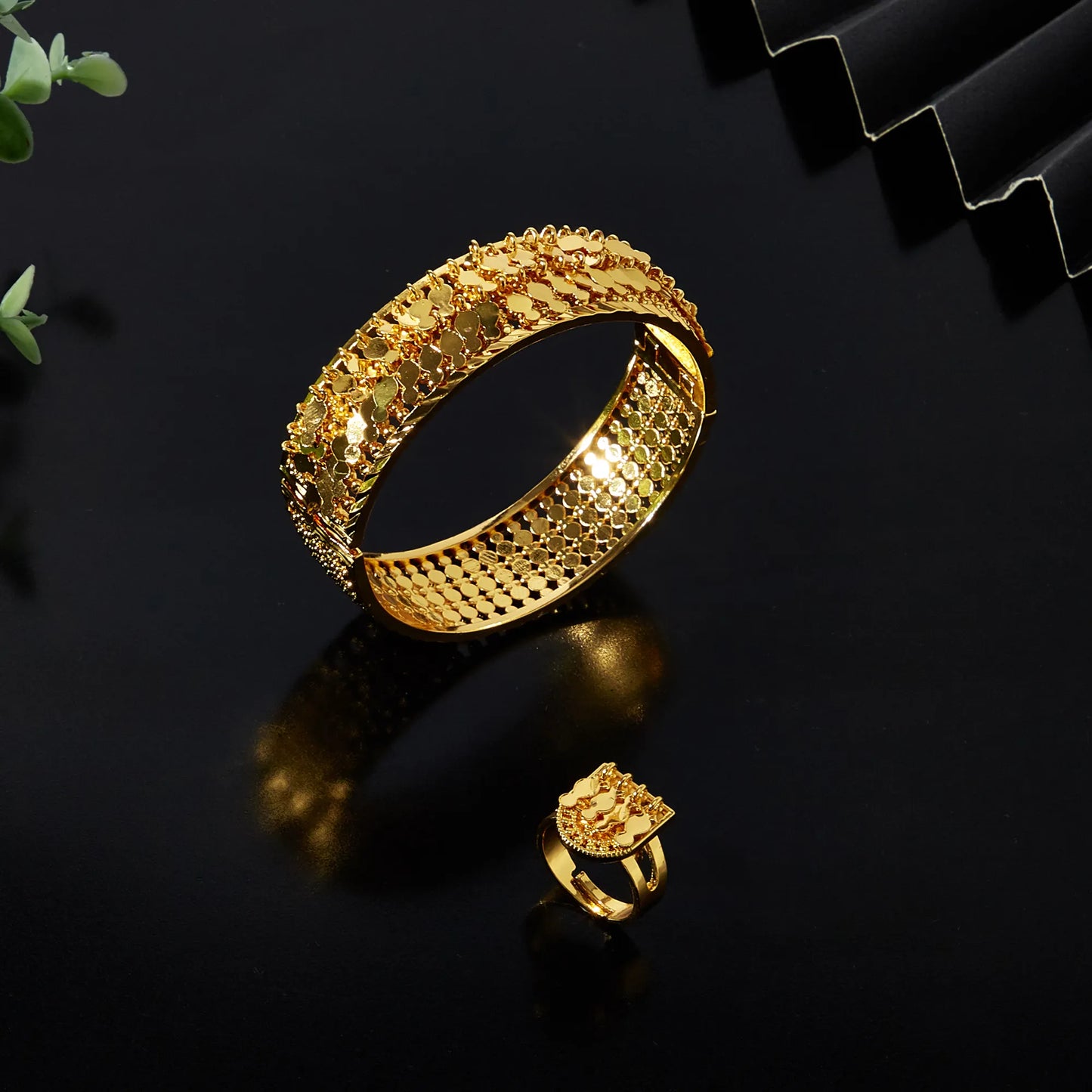 Dubai Style Bracelet and Rings Gold Plated Bead Women Bracelet Set With Coin Pendant