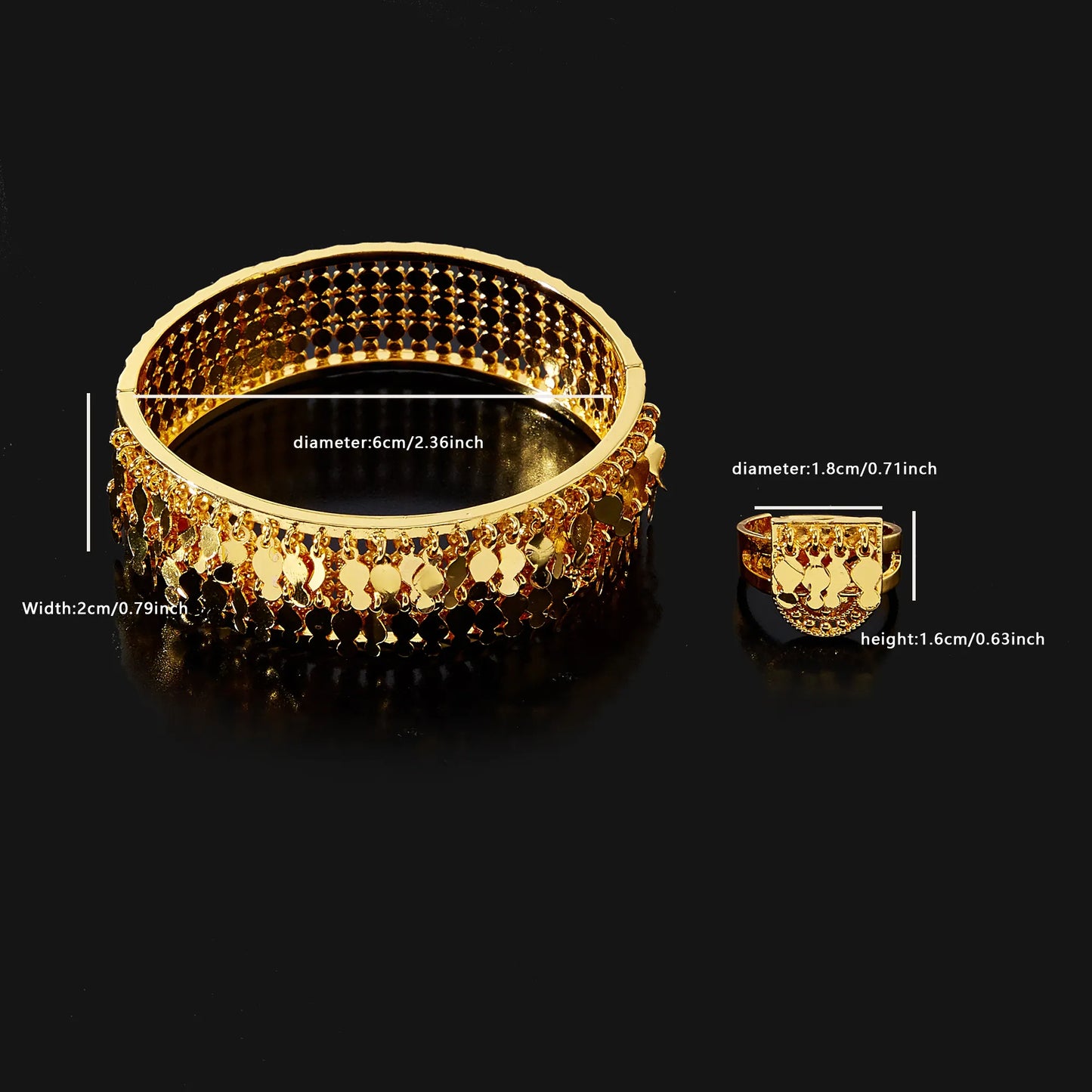 Dubai Style Bracelet and Rings Gold Plated Bead Women Bracelet Set With Coin Pendant