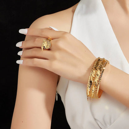 Dubai Style Bracelet and Rings Gold Plated Bead Women Bracelet Set With Coin Pendant