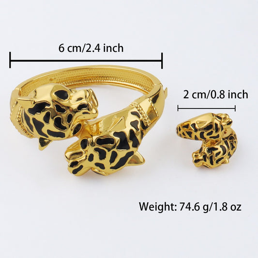 Gold Plated Black Dots Print Leopard Bangles Adjustable Ring 2pcs Jewelry Sets For Women