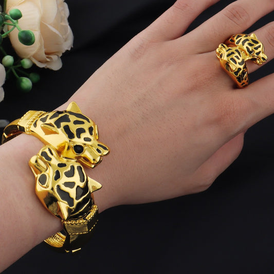 Gold Plated Black Dots Print Leopard Bangles Adjustable Ring 2pcs Jewelry Sets For Women