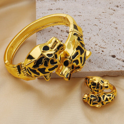 Gold Plated Black Dots Print Leopard Bangles Adjustable Ring 2pcs Jewelry Sets For Women
