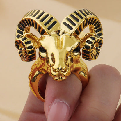 Retro Sheep Head Jewelry Set – 24K Gold Bangles & Gothic Fashion Ring for Women