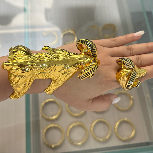 Retro Sheep Head Jewelry Set – 24K Gold Bangles & Gothic Fashion Ring for Women