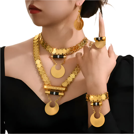 Round Moon Pendant Connected Coin Pendant Someta Jewelry Five-piece Set of 18K Gold Plated Women's Wedding Accessories