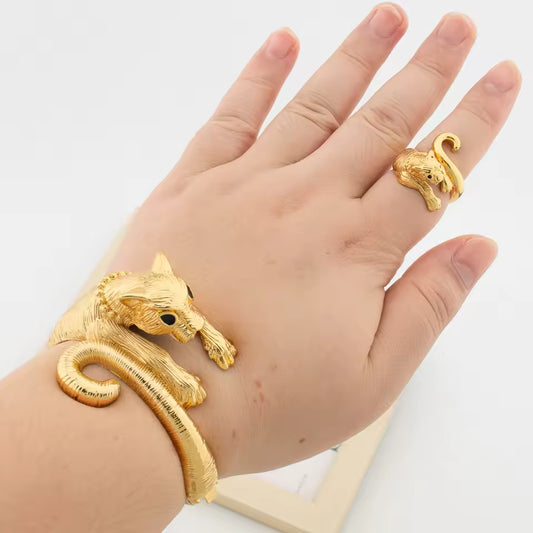 Bracelet with Ring Set 18k Gold Color Hand Bangle Cocktail Ring Set - Leopard 3D jewelery