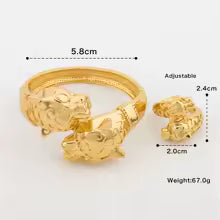 Gold Plated plane Print Leopard Bangles Adjustable Ring 2pcs Jewelry Sets For Women - 3D Leopard Jwewllery