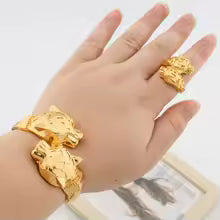 Gold Plated plane Print Leopard Bangles Adjustable Ring 2pcs Jewelry Sets For Women - 3D Leopard Jwewllery