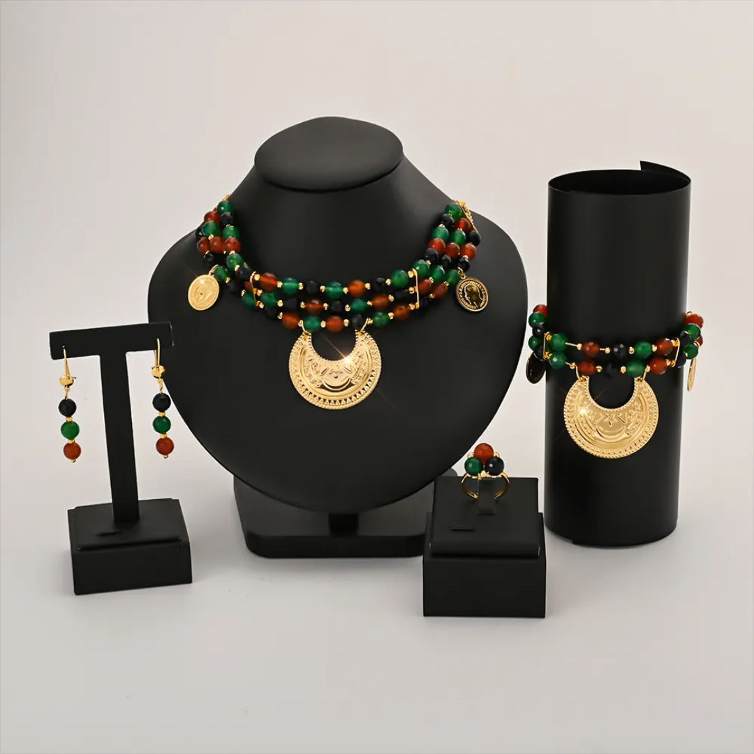 Middle East Jewelry Sets Trends UAE Dubai Style High-end Elegant 18K Jewelry Set Necklace Bracelet Earrings Ring Set,RaySha Jewelry Al-Gmr Boba × Someta Collection