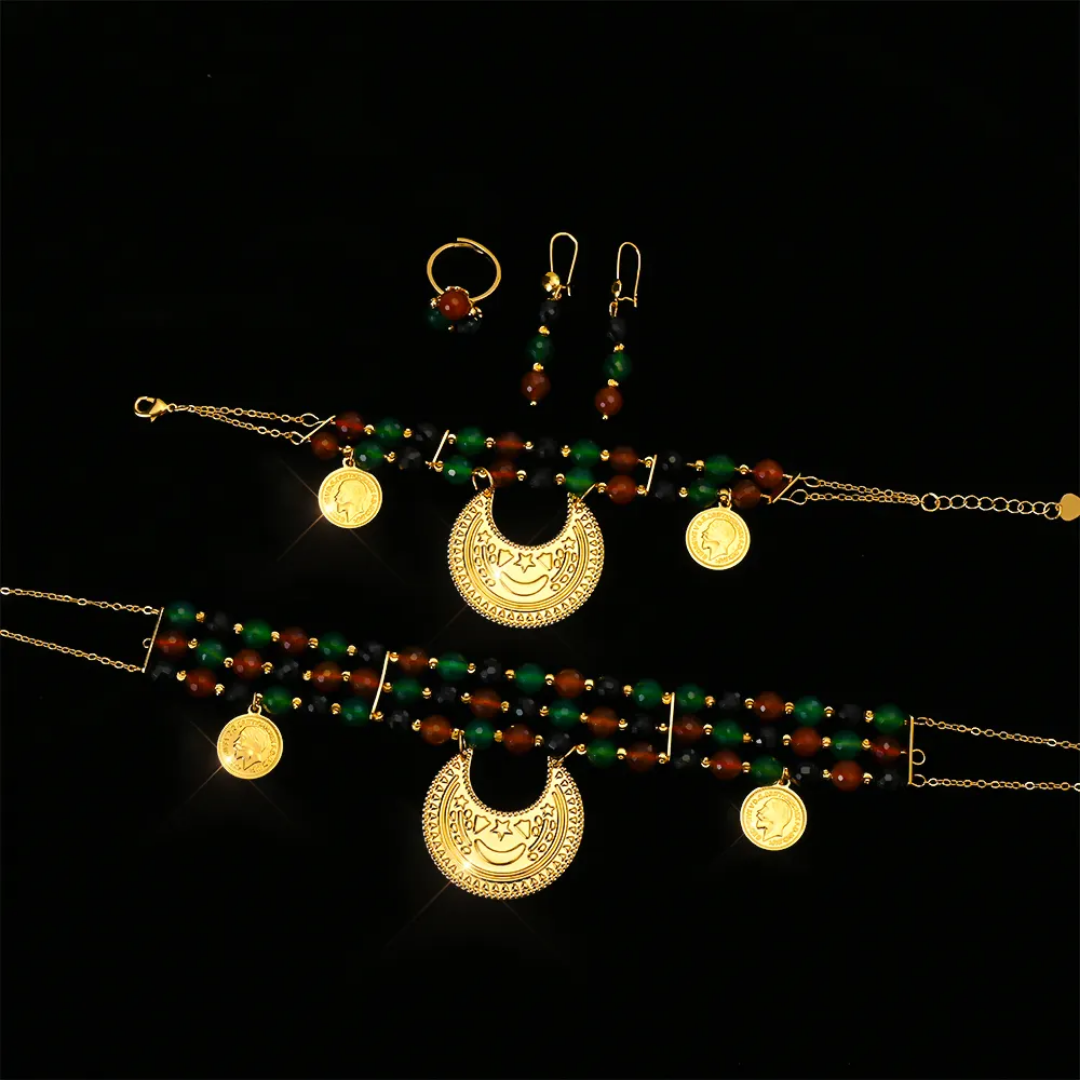 Middle East Jewelry Sets Trends UAE Dubai Style High-end Elegant 18K Jewelry Set Necklace Bracelet Earrings Ring Set,RaySha Jewelry Al-Gmr Boba × Someta Collection
