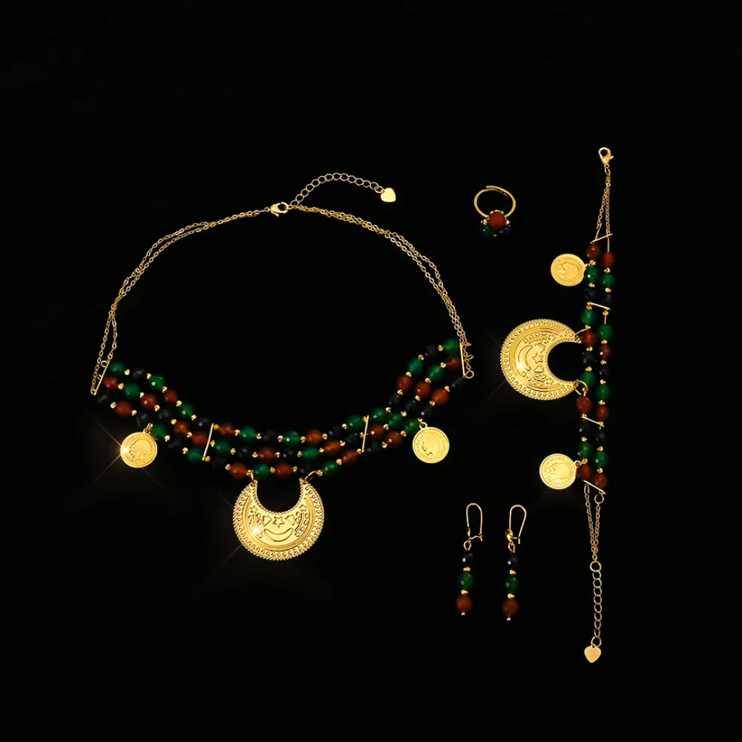 Middle East Jewelry Sets Trends UAE Dubai Style High-end Elegant 18K Jewelry Set Necklace Bracelet Earrings Ring Set,RaySha Jewelry Al-Gmr Boba × Someta Collection